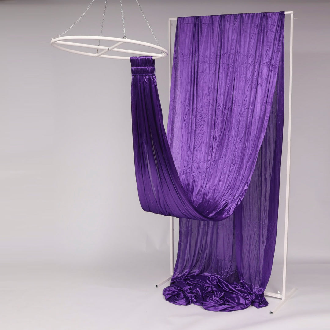 Ceiling Drape Ice Silk Satin - Purple (10m) with velcro end attached to ceiling ring