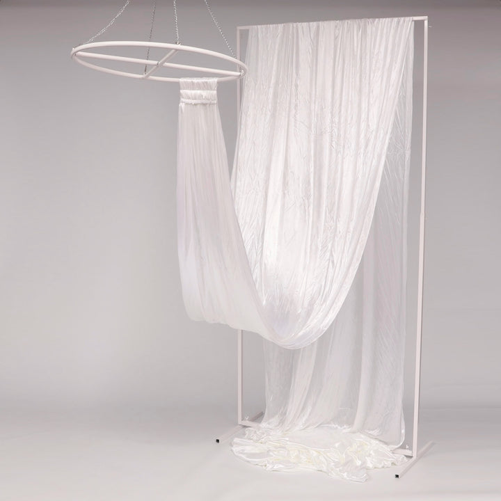 Ceiling Drape Ice Silk Satin - White (10m) with velcro end attached to celing ring