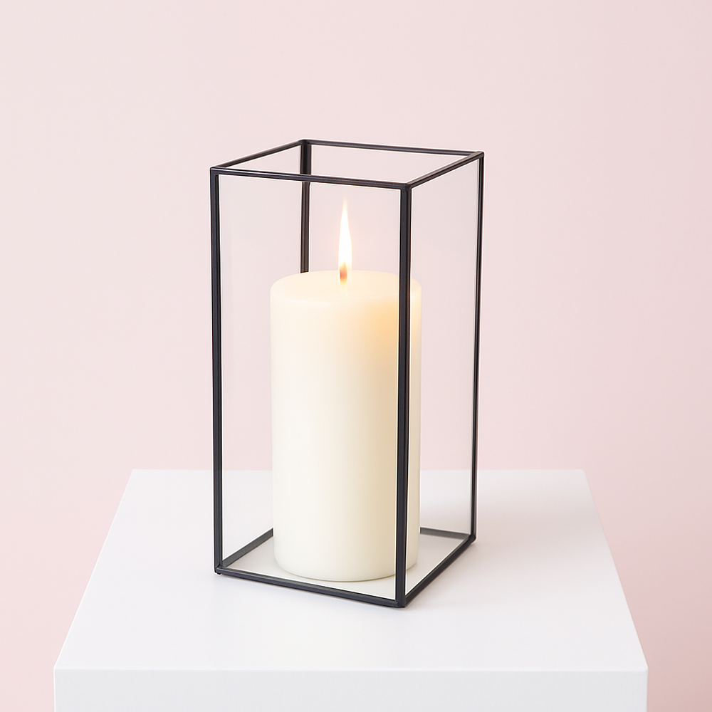 Glass Candle Box With Metal Frame - Black (21.5cmH) with lit candle