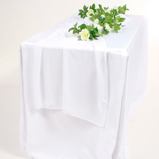 White Chiffon Table runner with flower vine on white tablecloth