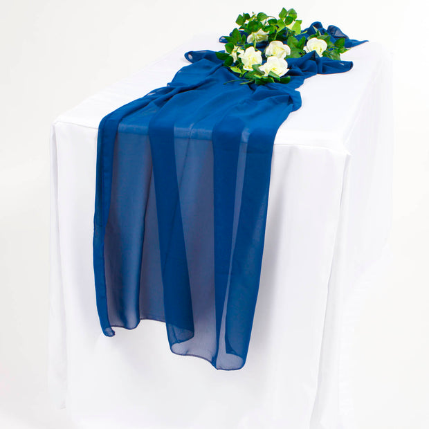 Navy Blue Chiffon Table Runner on white tablecloth with flower vine