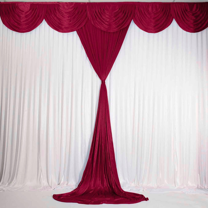 Burgundy Ice Silk Satin Backdrop Convertible Panels 1mx3m, with matching swag, tied in centre of panel