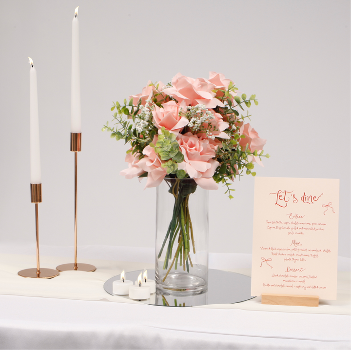 Round Display Mirror Plates (30cm), displayed with flowers in vase and candles on table