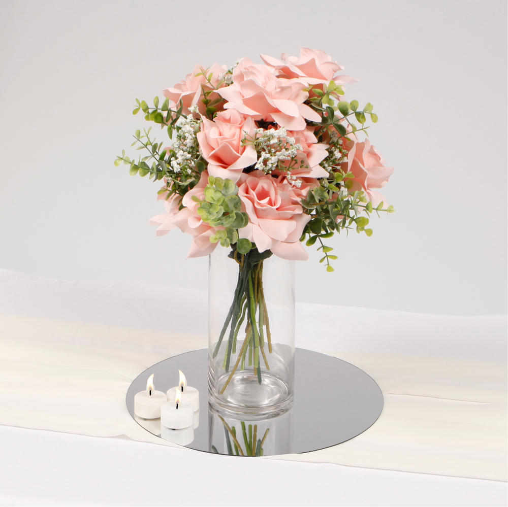 Round Display Mirror Plates (30cm), displayed with flowers in vase and candles