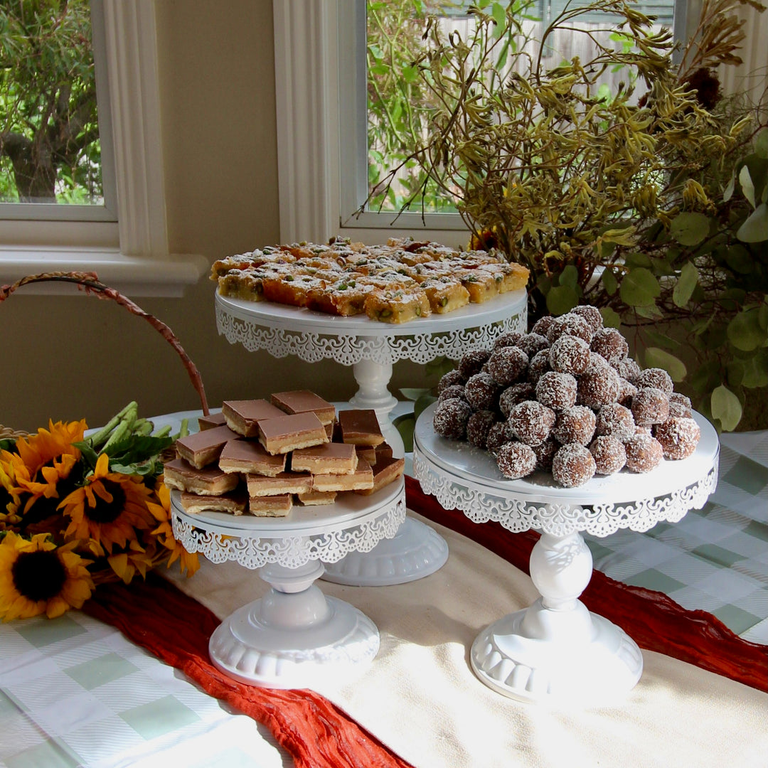 White Cake Stands Vintage Lace 3 Piece Set, set up on table with cakes/slices