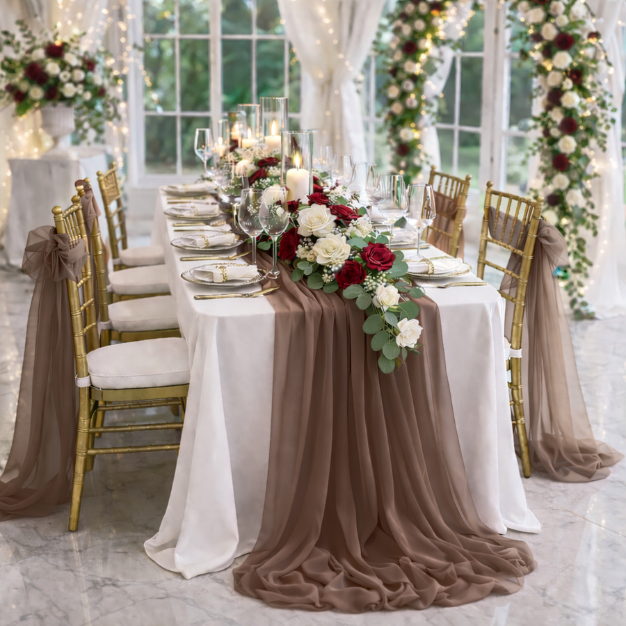Mocha Chiffon Table Runner 70x300cm Styled Image