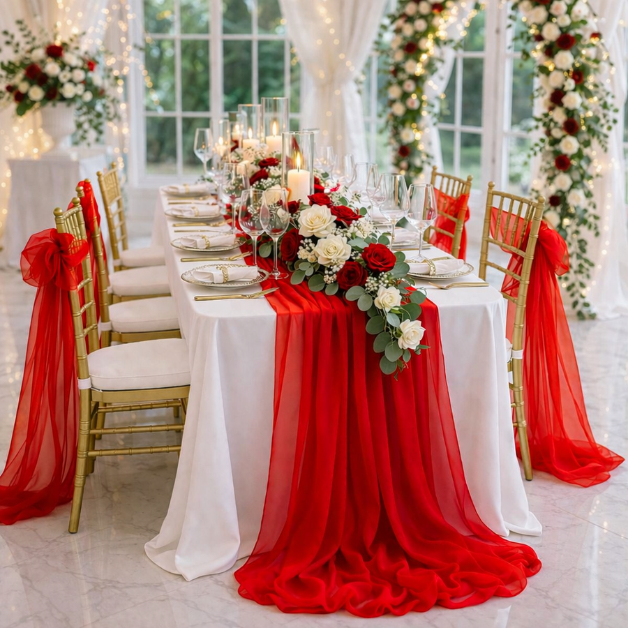 Red Chiffon Table Runner 70x300cm Styled Image