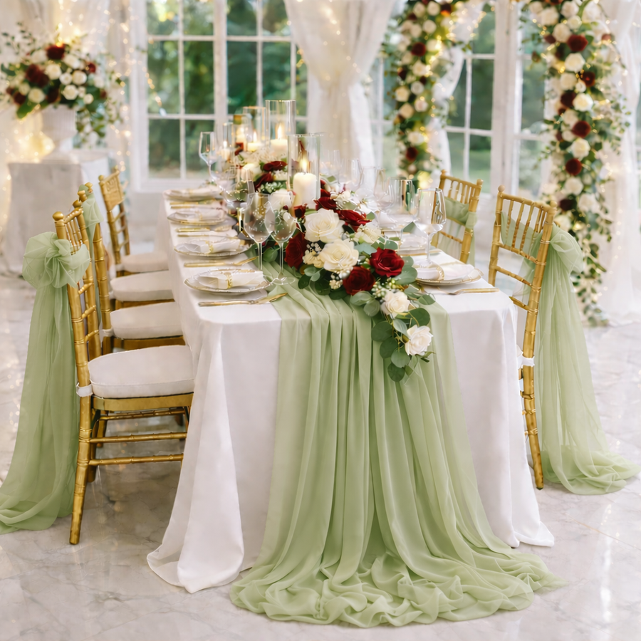 Sage Chiffon Table Runner 70x300cm Styled Image 
