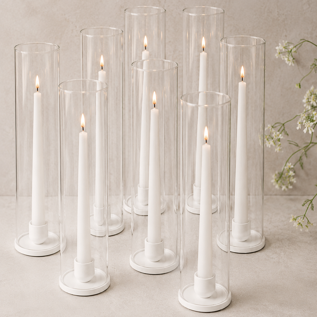 White Taper Candles, Metal Holders & Glass Sleeves Package (Set of 8)