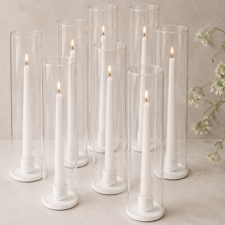 White Taper Candles, Metal Holders & Glass Sleeves Package (Set of 8)