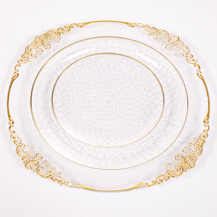 Charger Plate - Clear with Antique Gold Trim (33cm) with dinner paltes