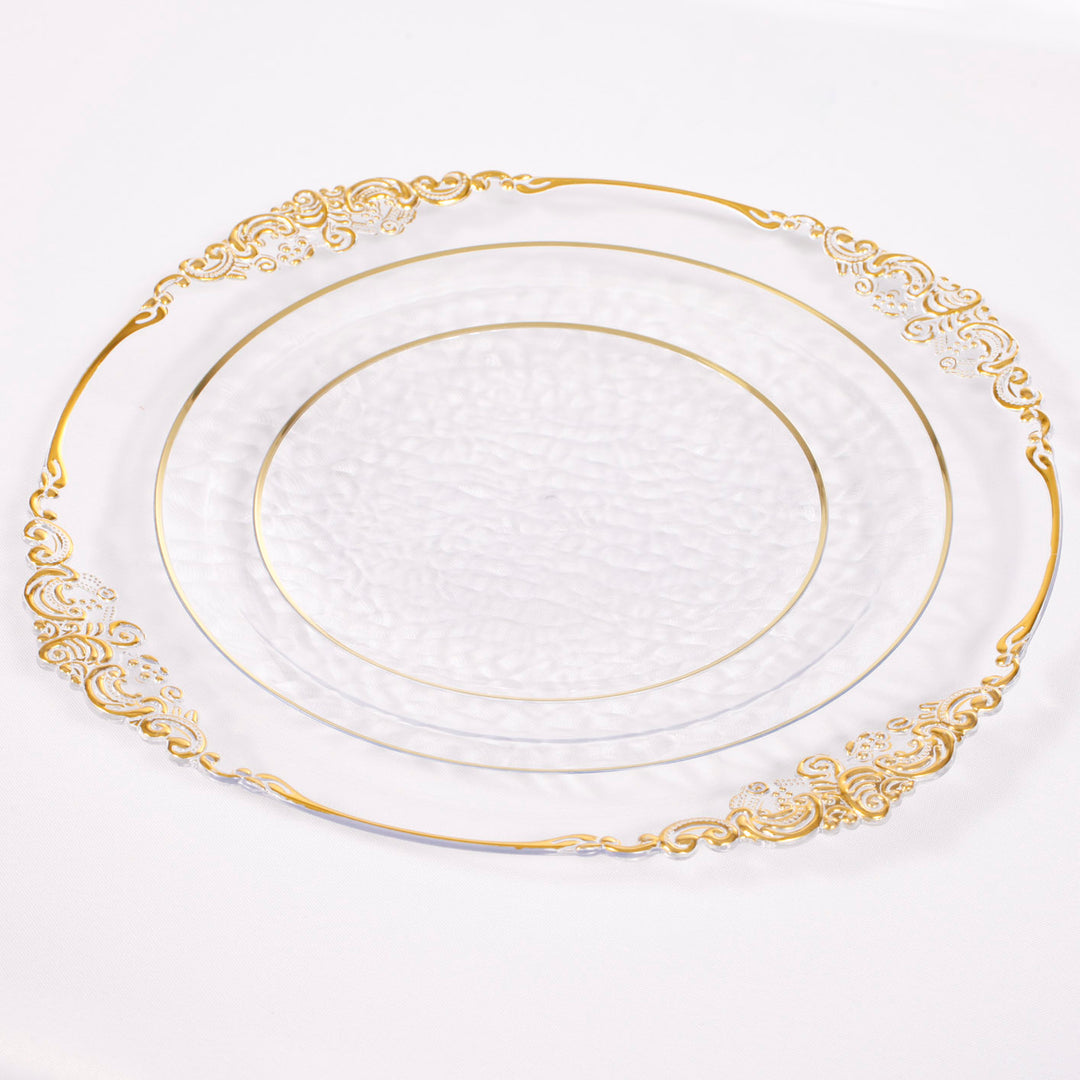 Charger Plate - Clear with Antique Gold Trim (33cm) with dinner plates side anfle