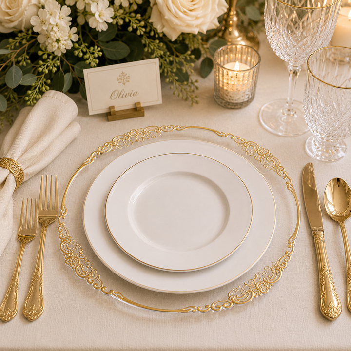 Charger Plate - Clear with Antique Gold Trim (33cm) ambient setting 2