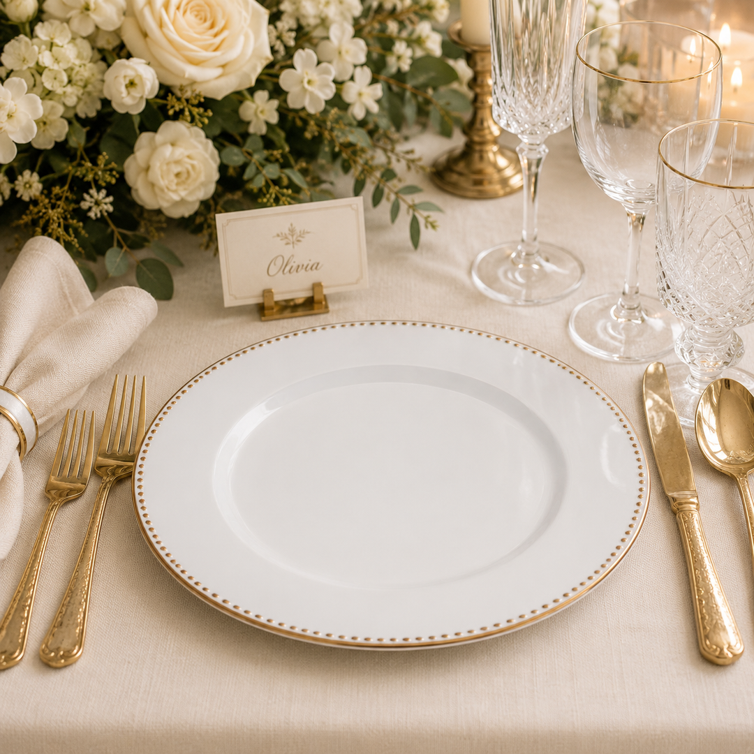 Charger Plate - White with Embossed Gold Trim (33cm)