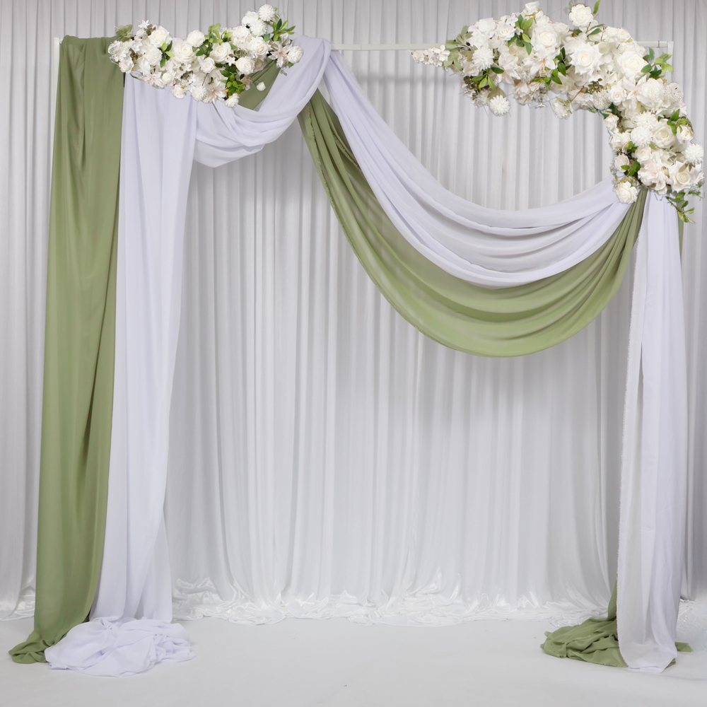 White & Sage 10m Chiffon styled on Square 2.2m Non Adjustable Frame with 2pc Corner Garland Set