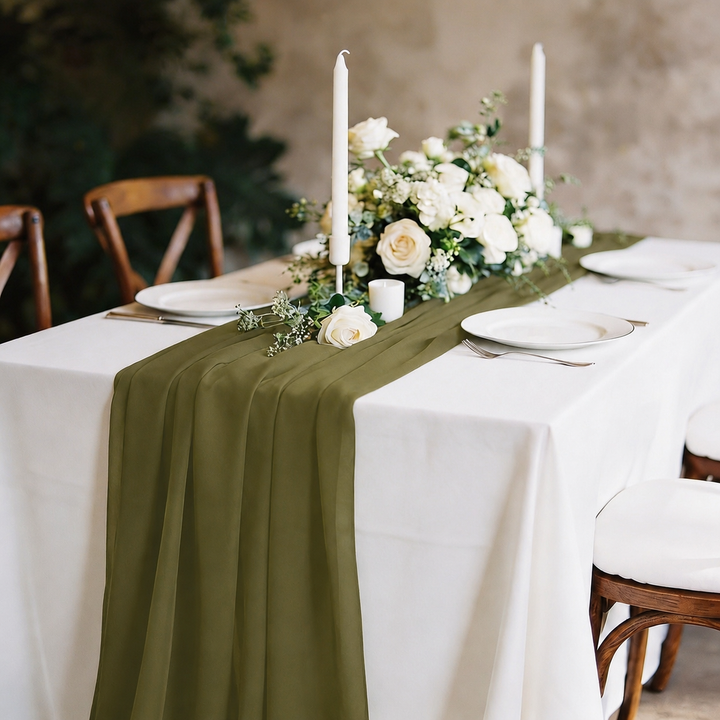 Olive Green Chiffon Table Runner 70x300cm Styled Image 