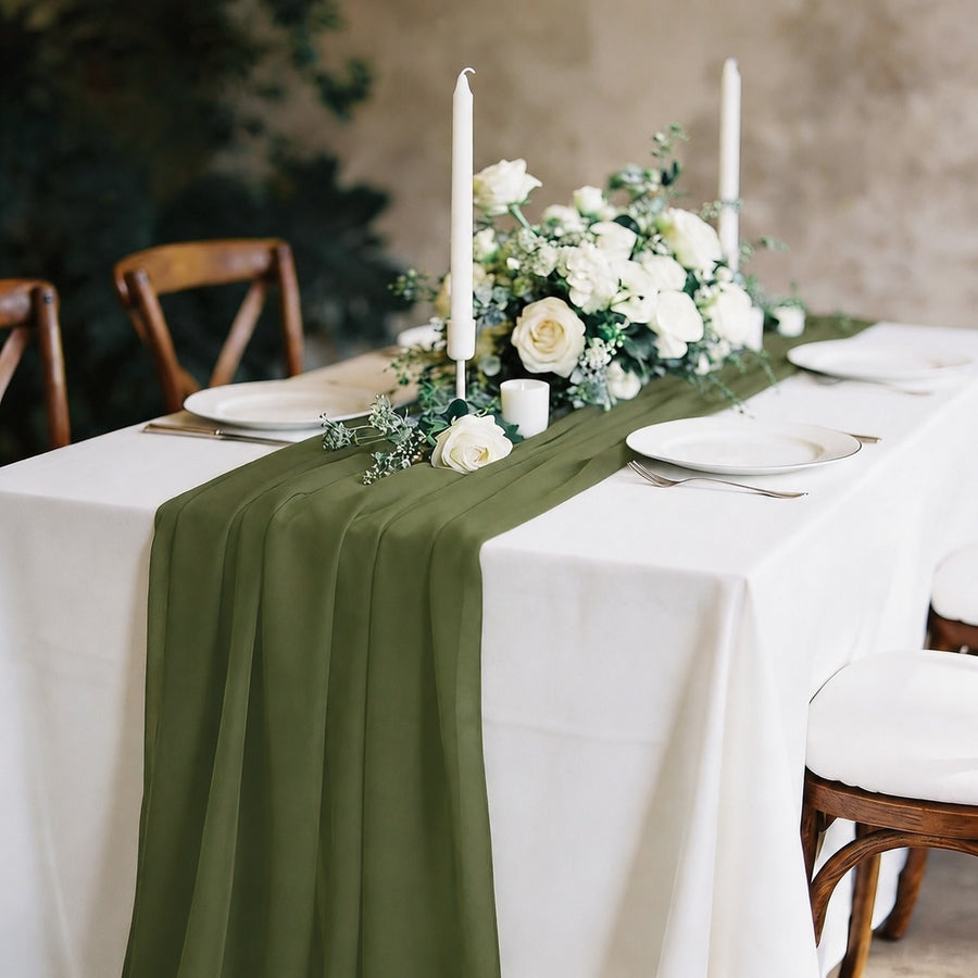 Olive Green Chiffon Table Runner 70x300cm Styled Image 