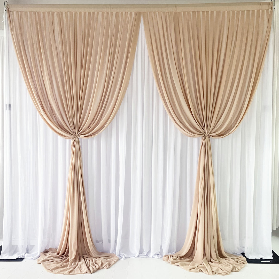 Chiffon Layered Backdrop Curtain 3mx3m - Taupe & White, front layered tied up