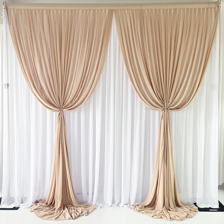 Chiffon Layered Backdrop Curtain 3mx3m - Taupe & White, front layered tied up