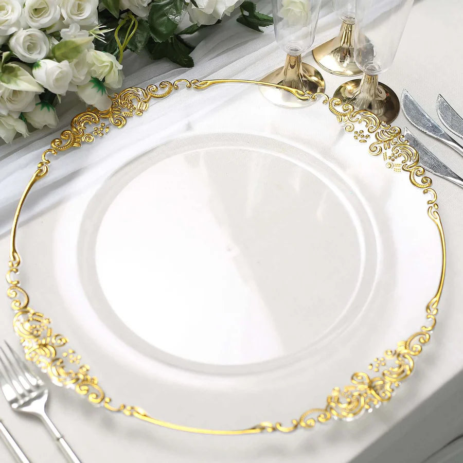 Charger Plate - Clear with Antique Gold Trim (33cm) in setting