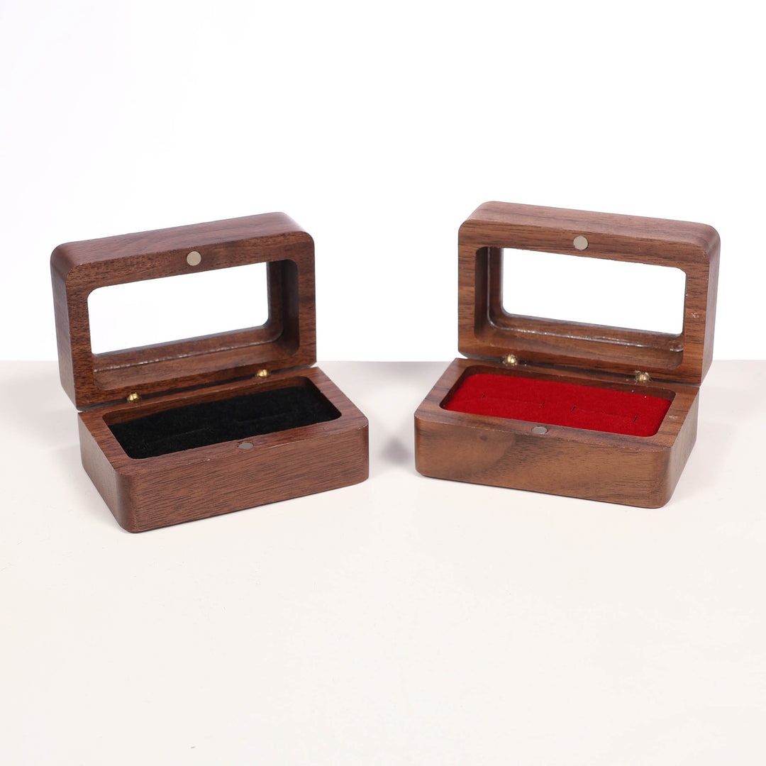 Double Ring Box - Wood / Black & Red Velvet side by side