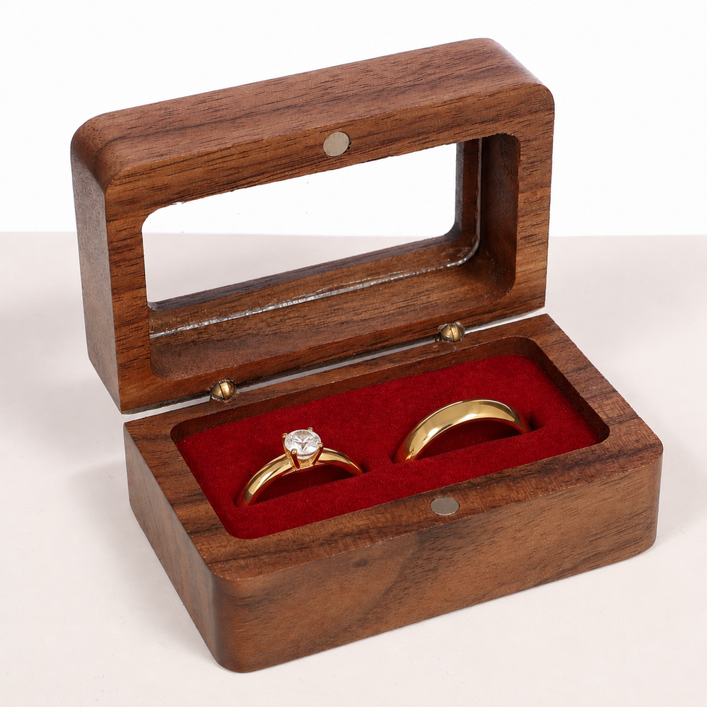 Double Ring Box - Wood / Red Velvet with rings in box