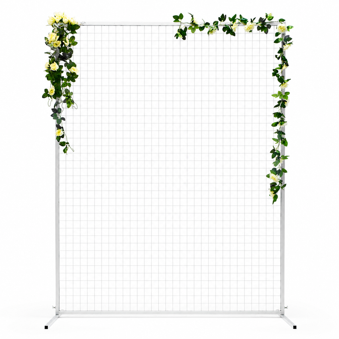 Flower Wall Mesh Stand Frame - Square Edge - White (2mx1.5m) with floral vine