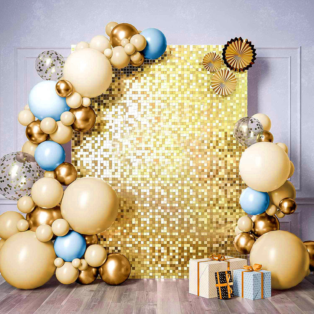 Sequin Shimmer Wall Backdrop & Frame Package - Gold - party display with balloon garland