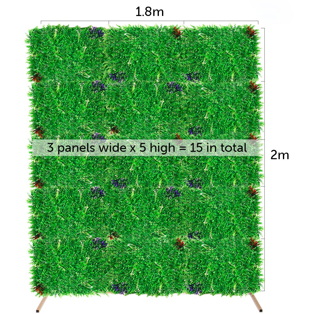 Box Hedge, Grass Shoots & Flowers Greenery Wall + Gold Mesh Frame Freestanding COMBO - (2m x 1.5m) *BEST VALUE*