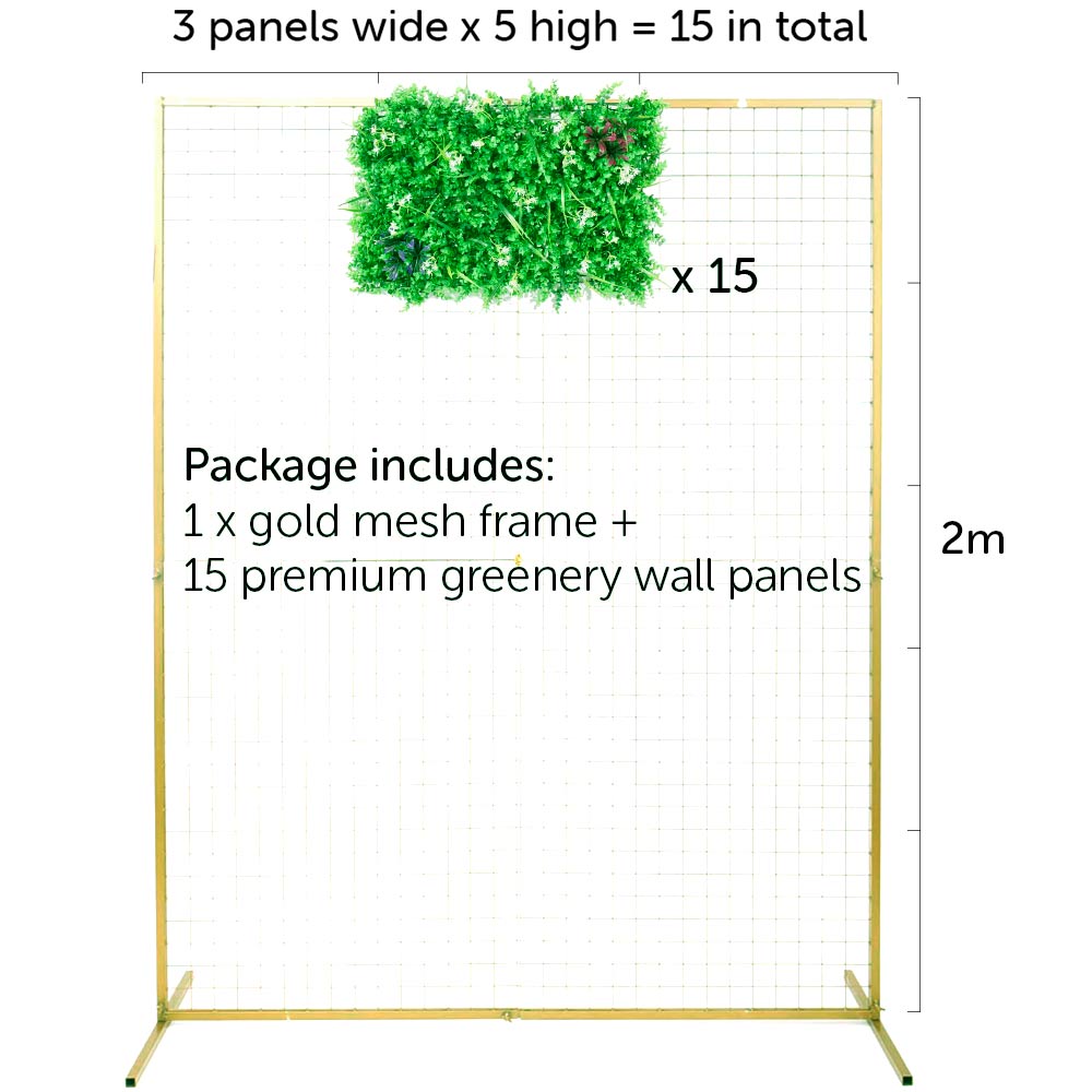 Box Hedge, Grass Shoots & Flowers Greenery Wall + Gold Mesh Frame Freestanding COMBO - (2m x 1.5m) *BEST VALUE*