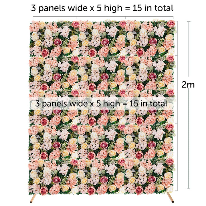 Flower wall combo measurements 1.8m wide by 2m high uses 15 flower panels,