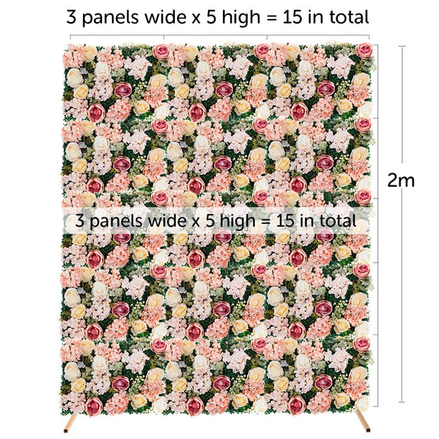Flower wall combo measurements 1.8m wide by 2m high uses 15 flower panels,