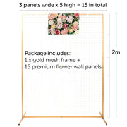 glod mesh frame with 1 flower panel to show how to arrange, 3 panels wide by 5 high