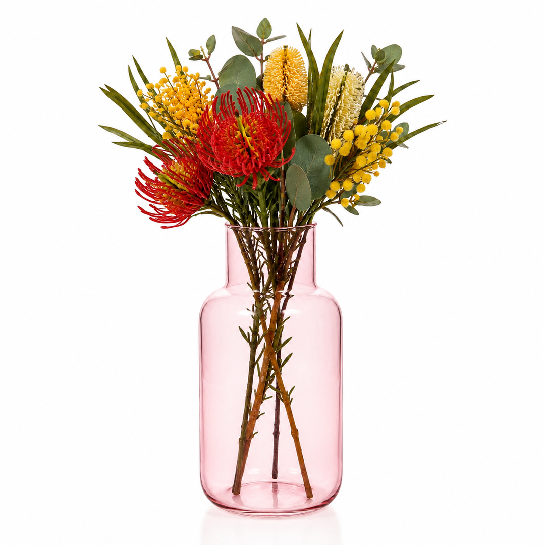 Glass Bottle Vase - Pink (9x21cm) with Flowers