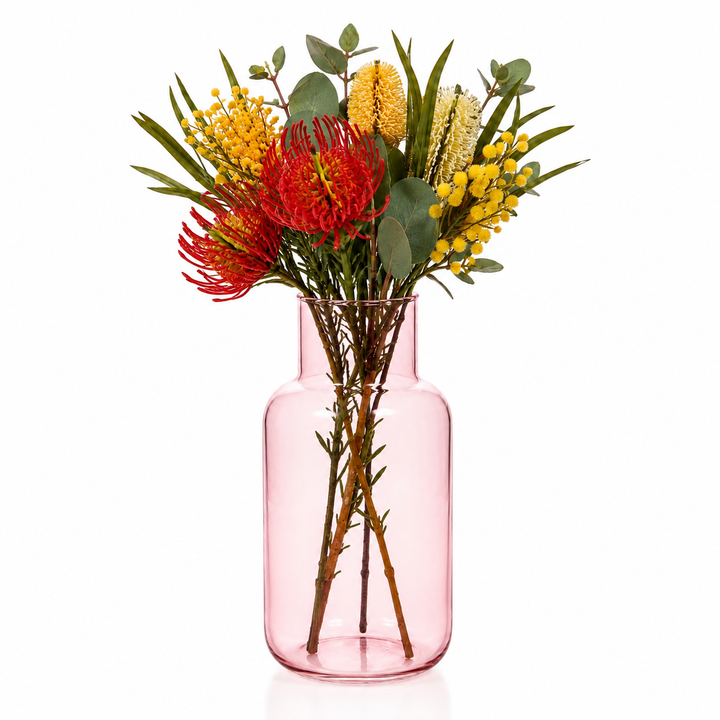 Glass Bottle Vase - Pink (9x21cm) with Flowers