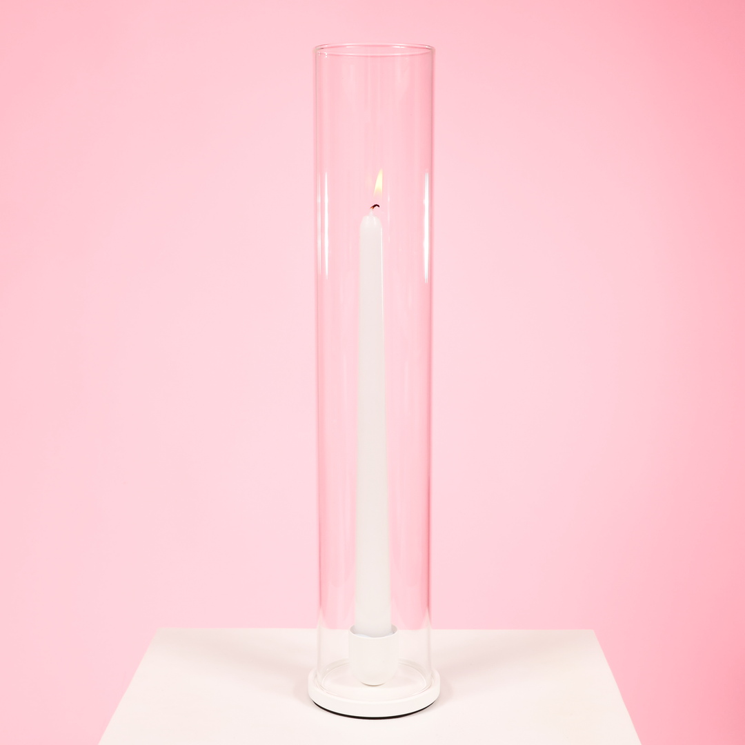 Glass Candle Sleeve (6.5x35cm) with taper candle and metal candle holder