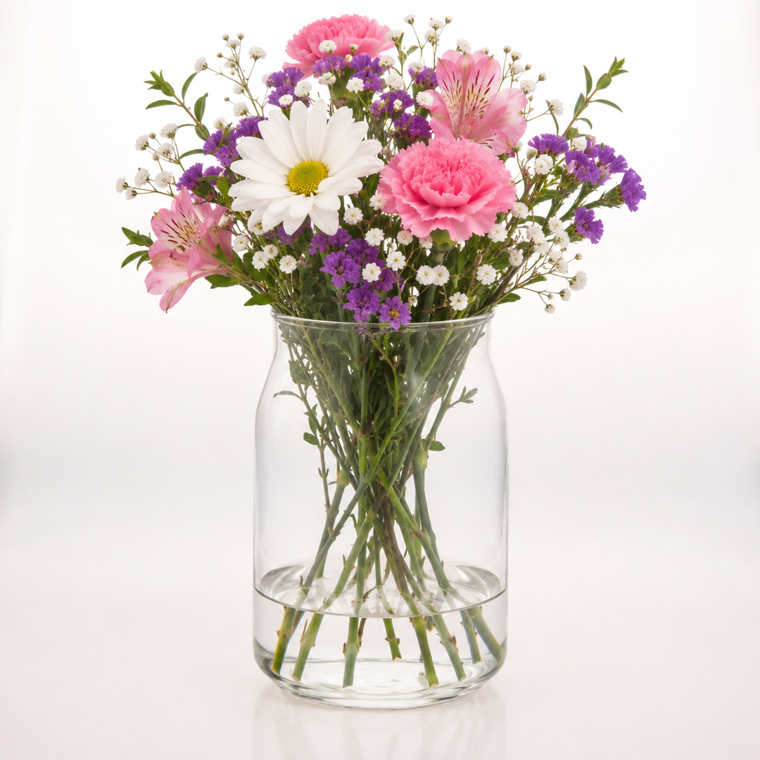 Glass Flared Top Vase - Clear (12x21cm) with Flowers