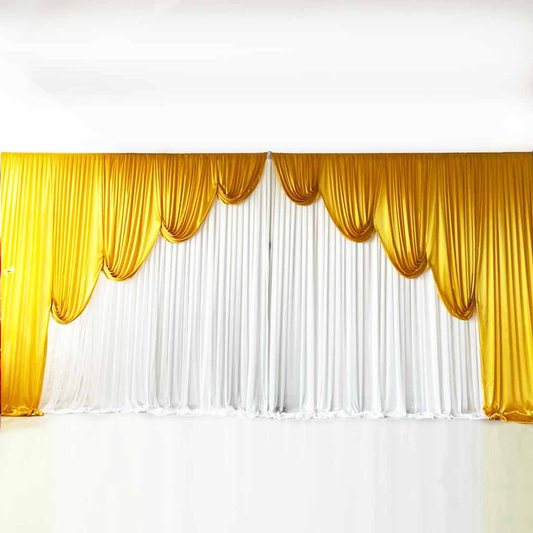 White ice silk backdrop curtain with Gold ice silk contour swag