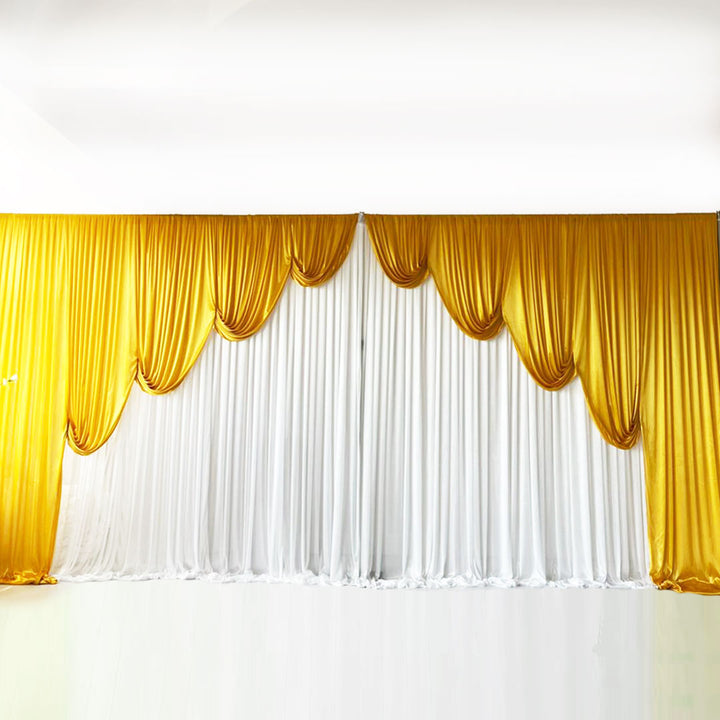 White ice silk backdrop curtain with Gold ice silk contour swag