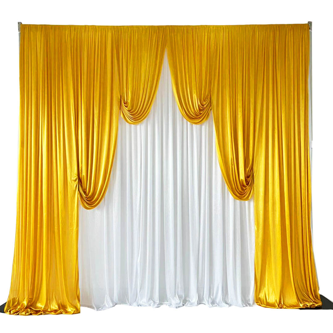 Ice Silk Event Backdrop with Venetian Contour Stage Curtain / Valance Swag (Gold and White) 3m wide x 3m high