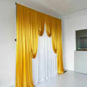 Ice Silk Event Backdrop with Venetian Contour Stage Curtain / Valance Swag (Gold and White) 3m wide x 3m high