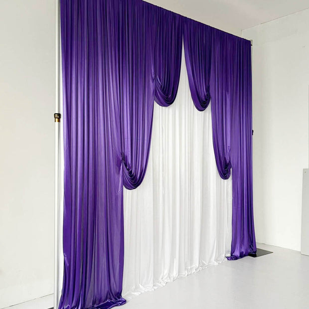 Ice Silk Event Backdrop with Venetian Contour Stage Curtain / Valance Swag (Purple and White) 3m wide x 3m high side angle