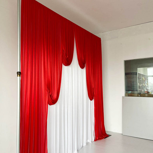 Ice Silk Event Backdrop with Venetian Contour Stage Curtain / Valance Swag (Red and White) 3m wide x 3m high side angle