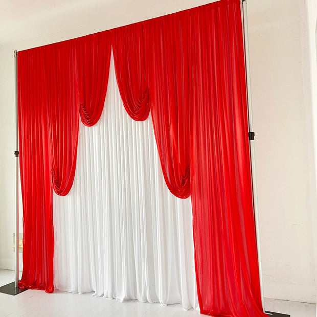 Ice Silk Event Backdrop with Venetian Contour Stage Curtain / Valance Swag (Red and White) 3m wide x 3m high side angle 2
