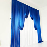 Ice Silk Event Backdrop with Venetian Contour Stage Curtain / Valance Swag (Royal Blue and White) 3m wide x 3m high side angle