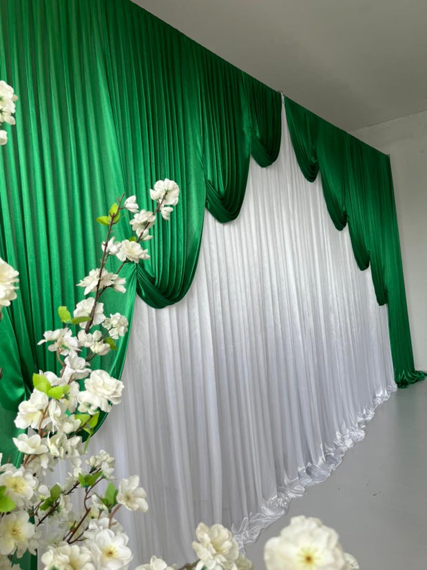Ice Silk Event Backdrop with Venetian Contour Stage Curtain / Valance Swag (Jade and White) 3m wide x 3m high