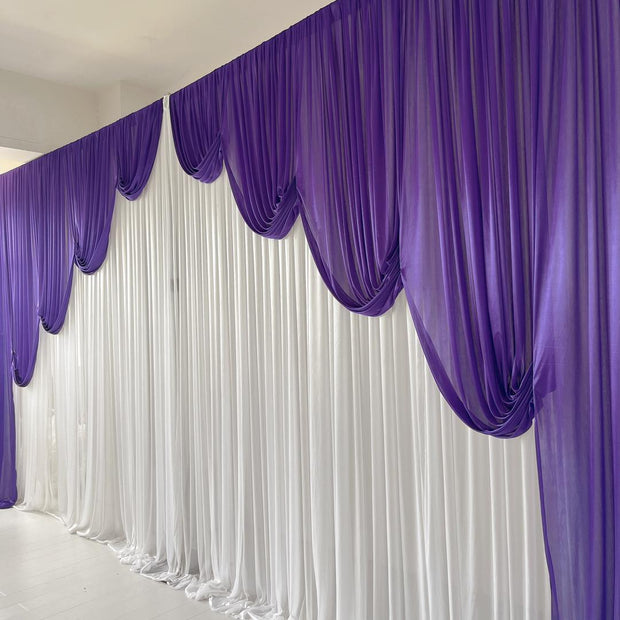 White ice silk backdrop with Purple contour swag ice silk. Right side view