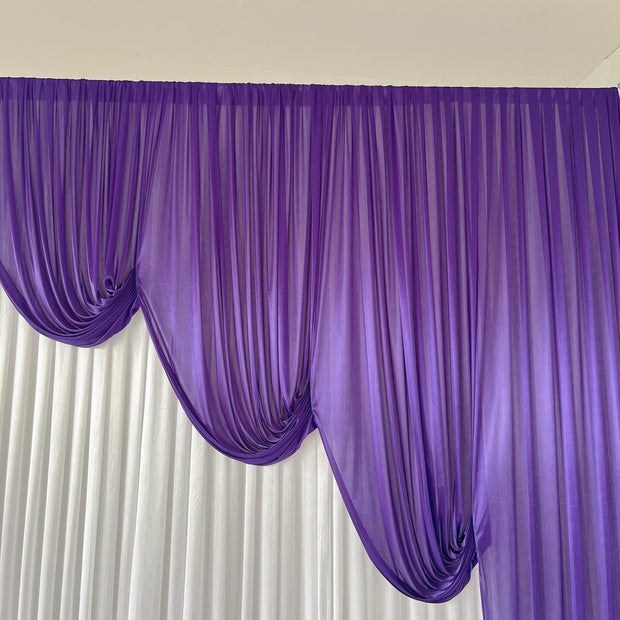 White ice silk backdrop with Purple contour swag ice silk. Close up