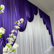 Ice Silk Event Backdrop with Venetian Contour Stage Curtain / Valance Swag (Purple and White) 3m wide x 3m high close up side angle