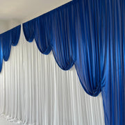 Ice Silk Event Backdrop with Venetian Contour Stage Curtain / Valance Swag (Royal Blue and White) 3m wide x 3m high close up